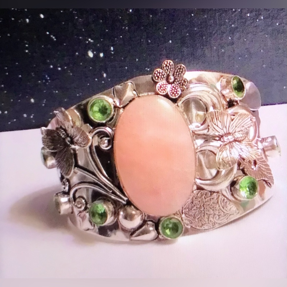 Rose Quartz Peridot Stamped 925 Sterling Silver Cuff Bracelet
